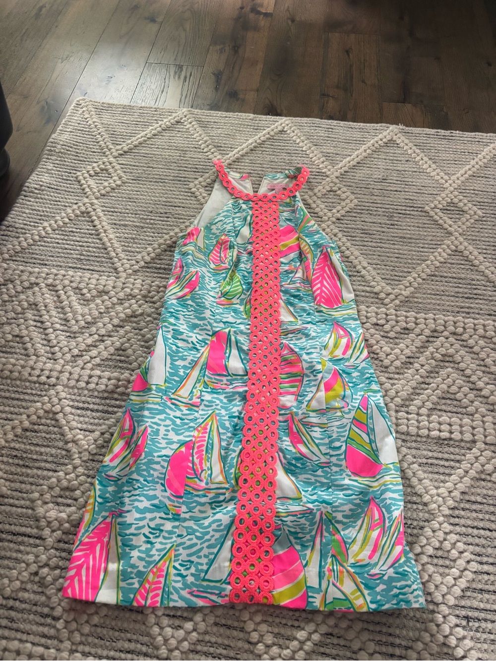Lilly Pulitzer Teal Multicolor Sailboat Mini Dress with Coral Trim